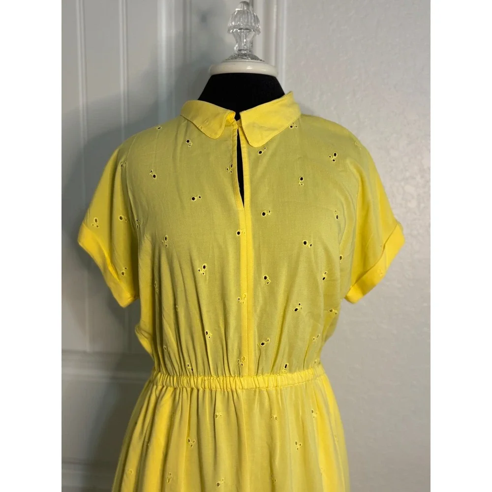 Joules‎ Yellow Eyelet Button Front Midi Dress Shirt Dress Elastic Waist Size 6 - Picture 3 of 10